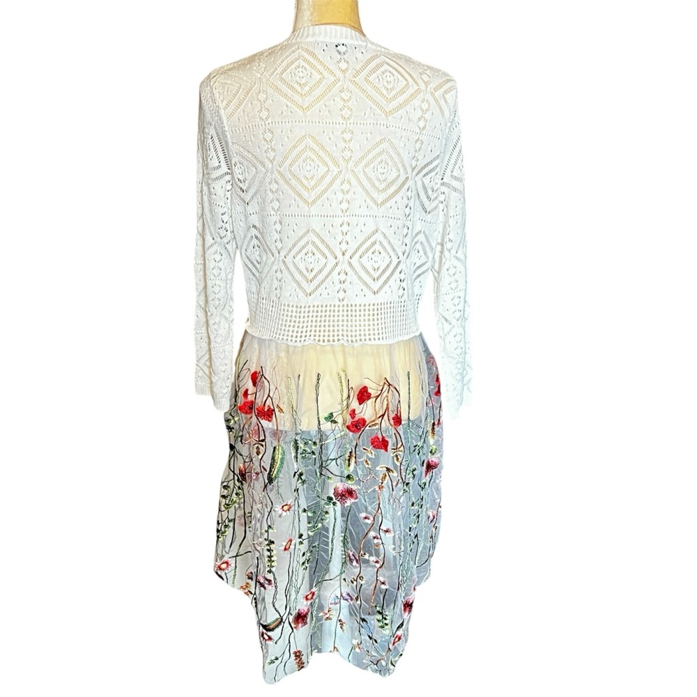 Absolutely Famous Open Knit Cardigan Duster Sz XL White Lower Embroidered Mesh - Picture 3 of 11